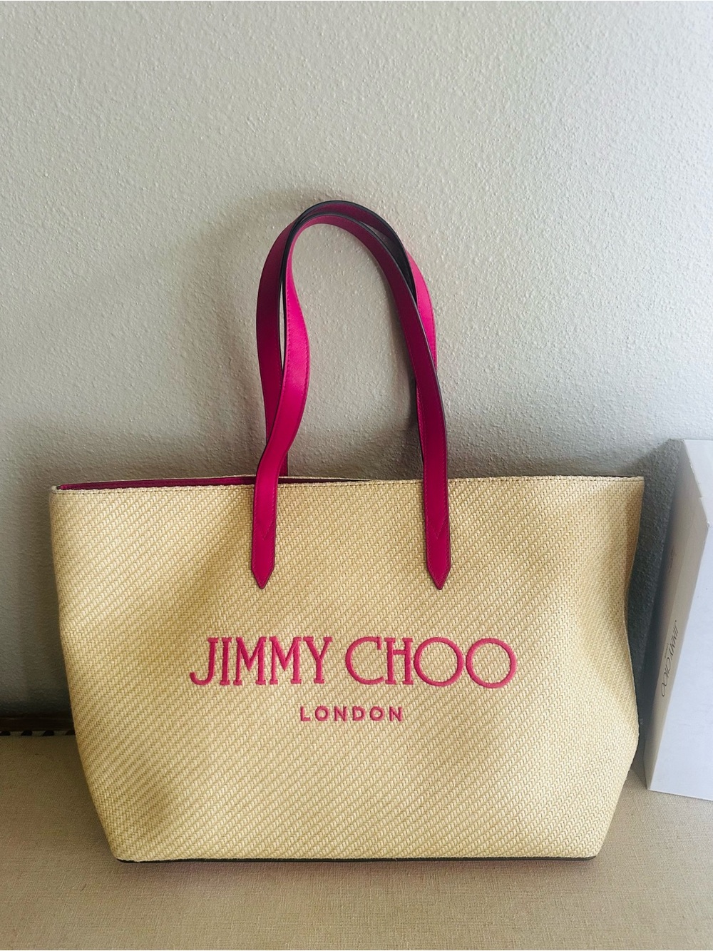 Jimmy Choo Cream Straw Tote with Hot Pink Handles